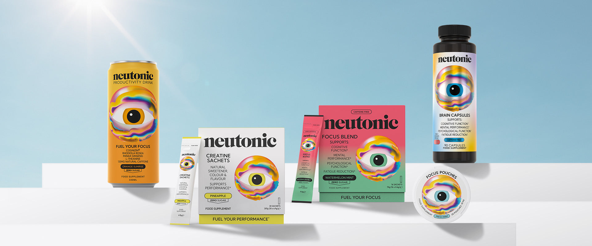 The full Neutonic range: Productivity Drink, Creatine Sachets, Focus Blend, Brain Capsules and Focus Pouches